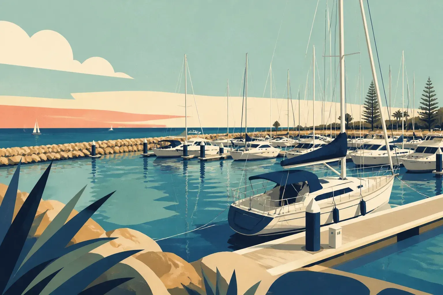 Editorial sailing illustration for Holdfast Shores Marina
