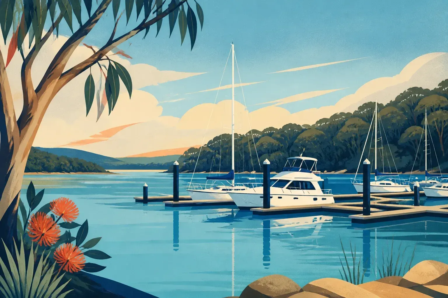 Editorial sailing illustration for Port Huon Marina (formerly Kermandie Marina)