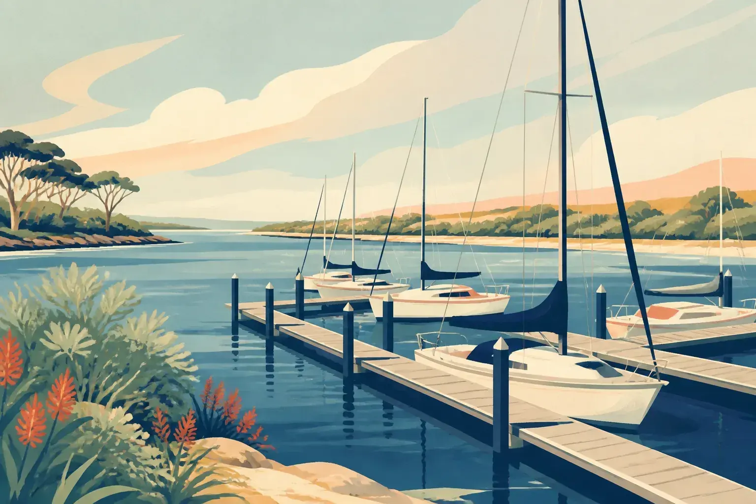 Editorial sailing illustration for Captain Sturt Marina