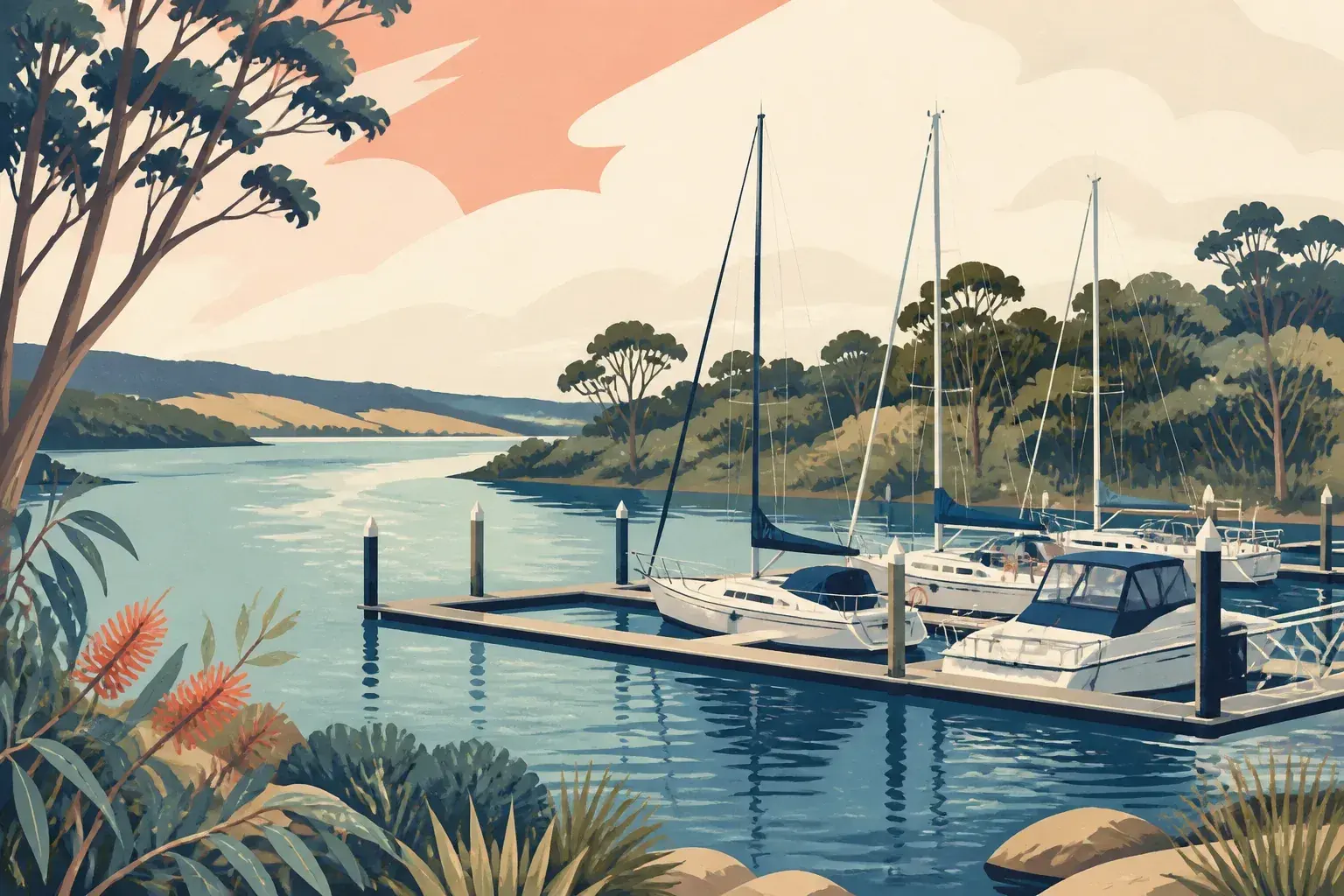 Editorial sailing illustration for Tamar Yacht Club Beauty Point Marina
