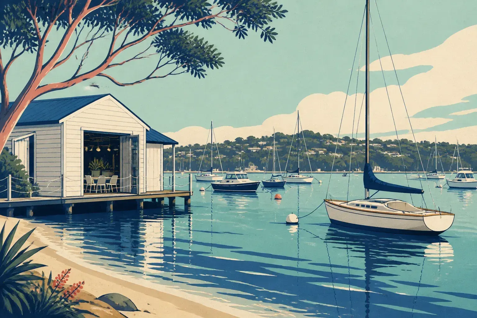 Editorial sailing illustration for Balmoral Boatshed