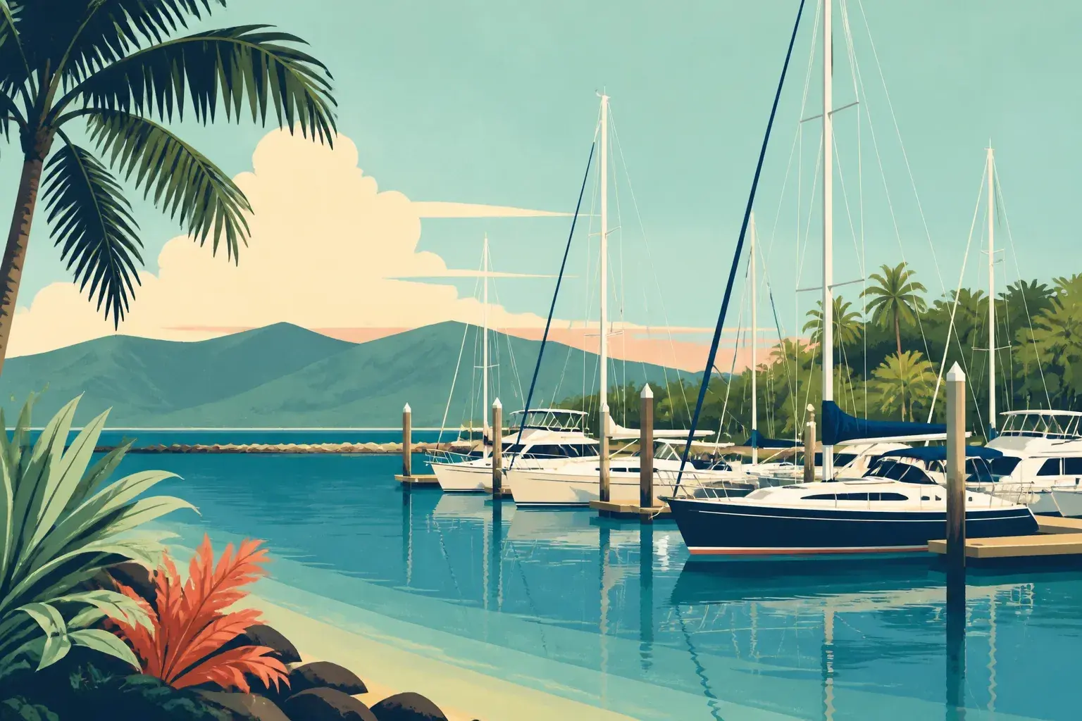 Editorial sailing illustration for Half Moon Bay Marina (Yorkeys Knob Boating Club)