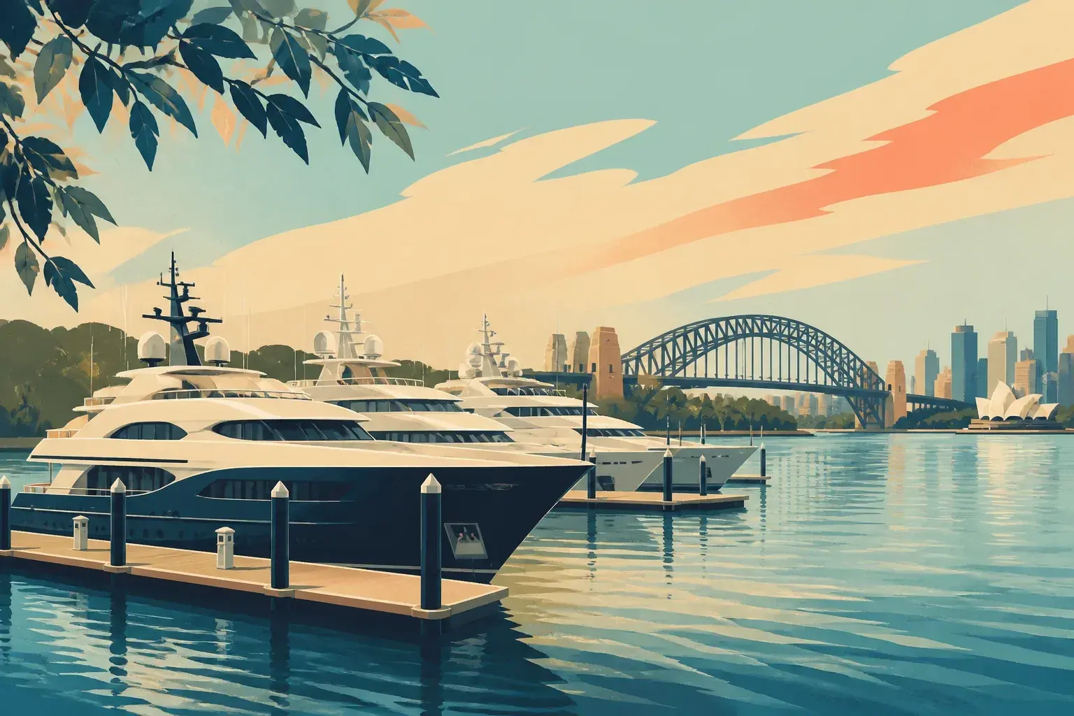 Editorial sailing illustration for Sydney Superyacht Marina