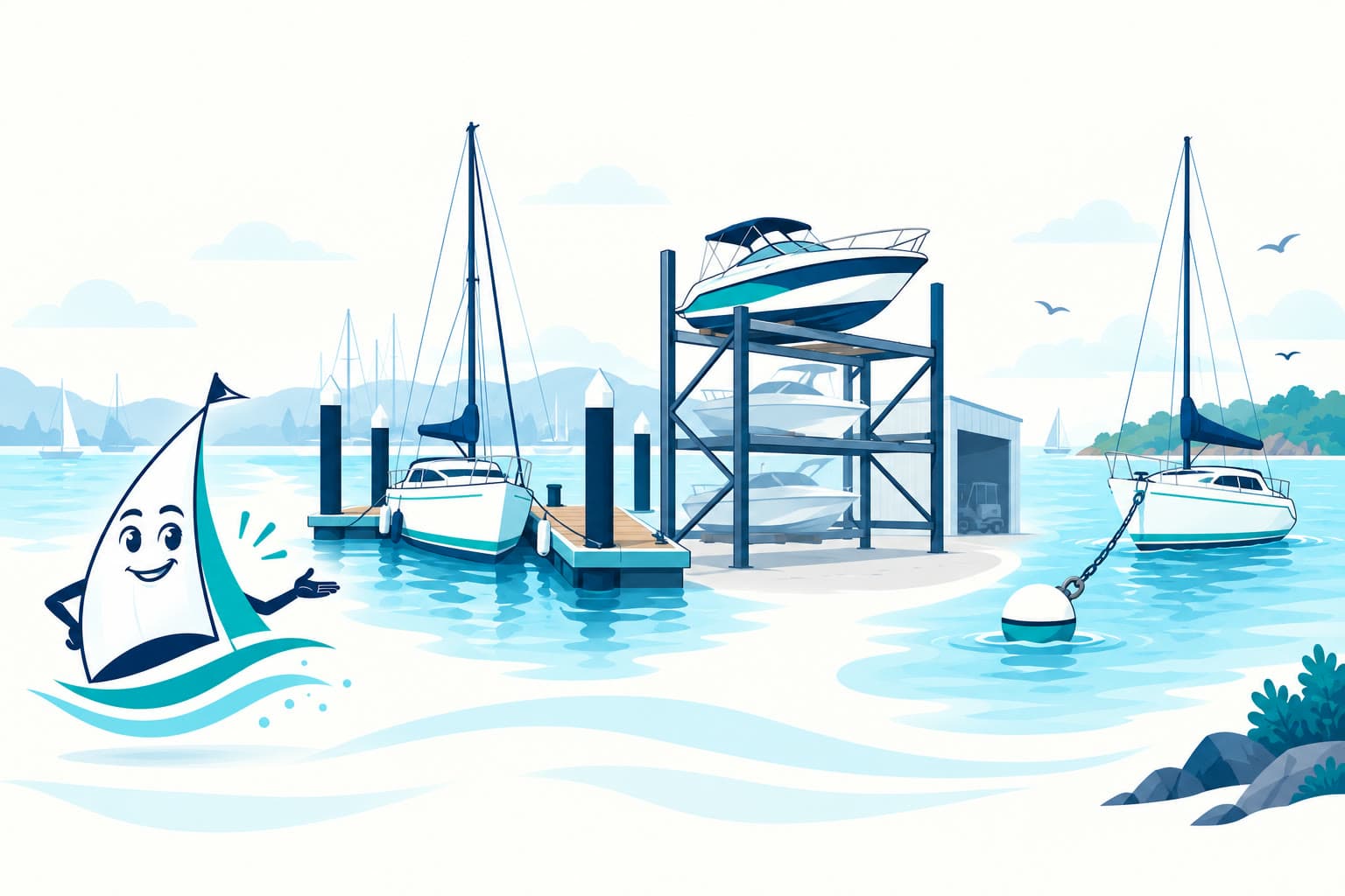 Editorial illustration of the YouSail mascot with marina berth, dry storage and mooring options