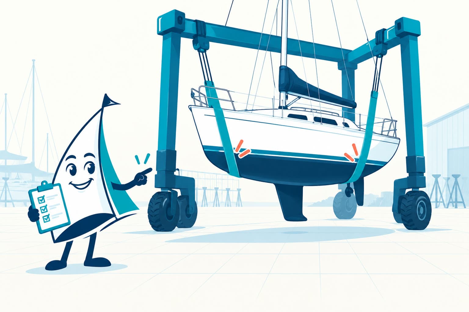Editorial illustration of the YouSail mascot explaining a yacht travel-lift haul-out