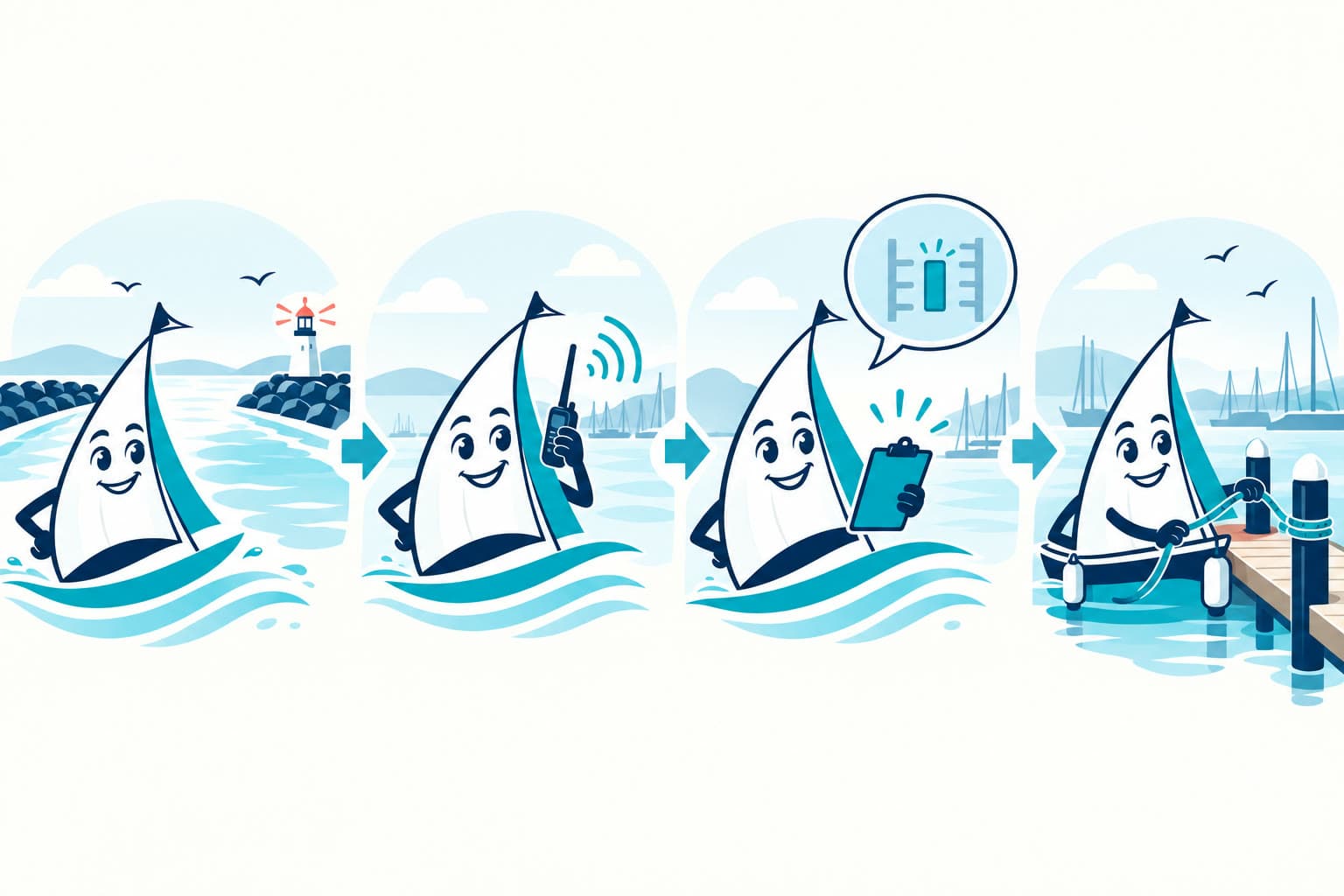 Editorial illustration showing the YouSail mascot through four marina arrival stages