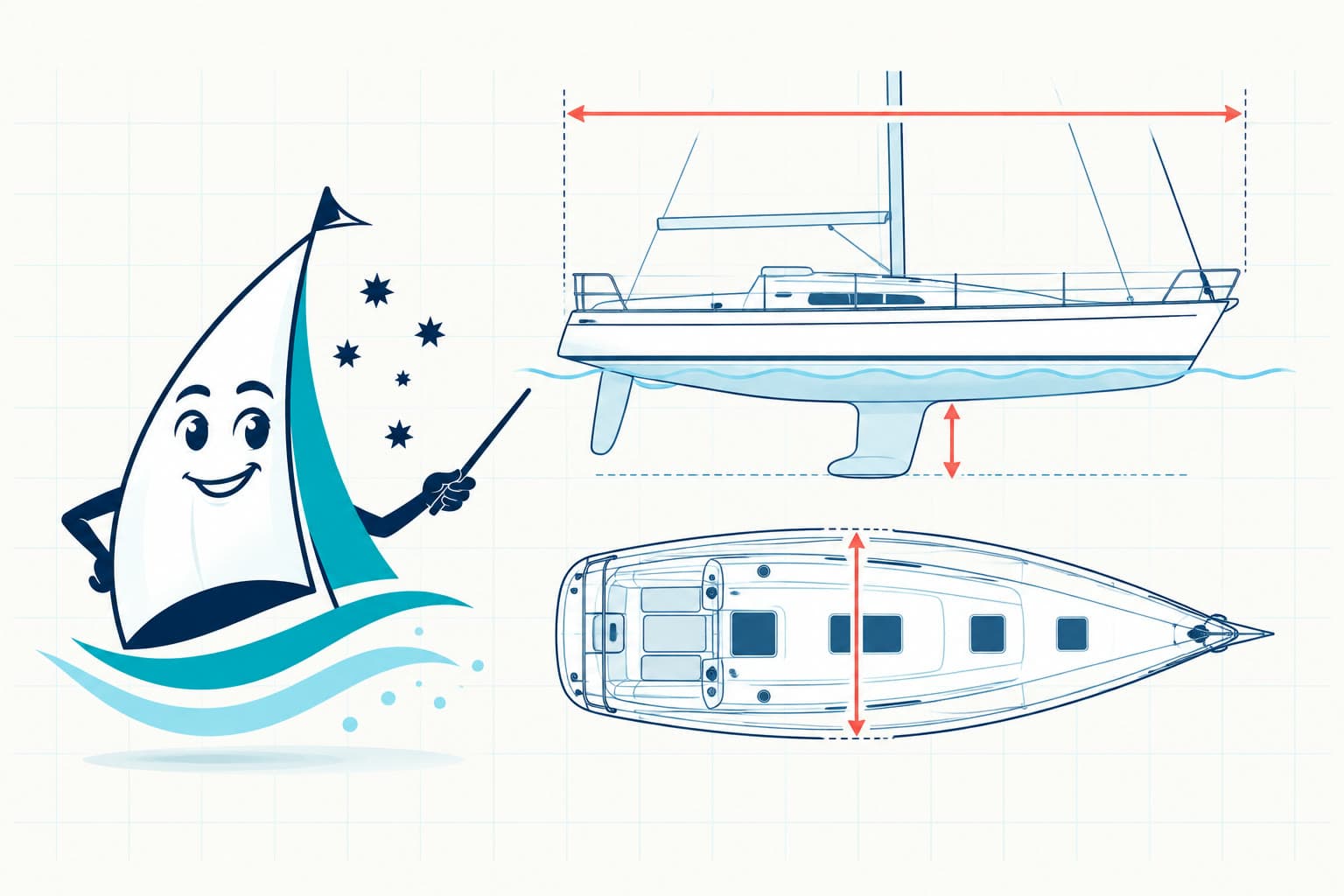 Editorial illustration of the YouSail mascot explaining yacht length, beam and draft measurements