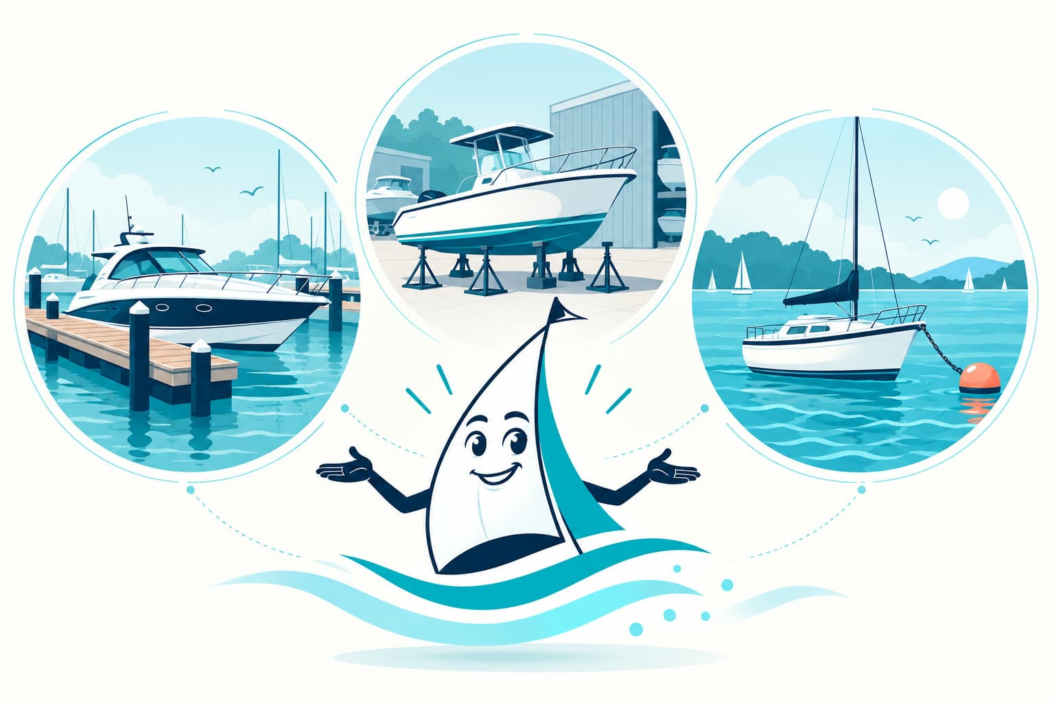 Editorial illustration comparing wet berth, dry storage and swing mooring choices